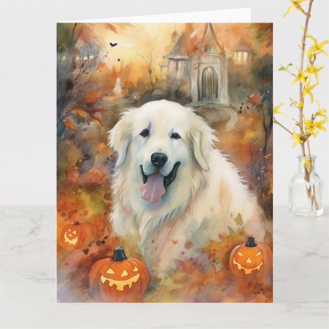 Cartão Halloween Great Pyrenees Com Abóboras Assustador (Flor Amarela)