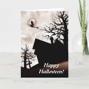 Cartão Halloween Haunted House com Bruxa na Broom