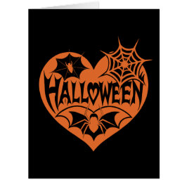 Cartão Halloween Heart, Orange Heart Shape, Spider Web