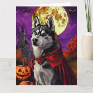 Cartão Halloween Husky Siberiano Vampiro Abóboras Assusta