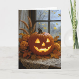 Cartão Halloween Jack-O-Lanterna Em Flores De Outono