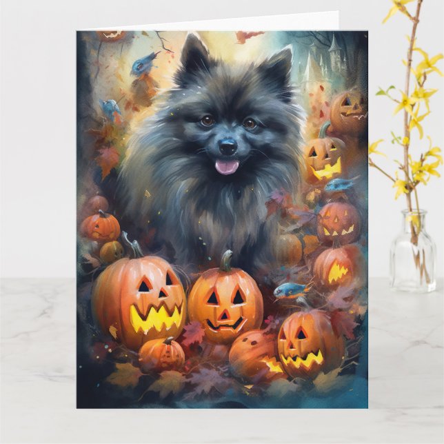 Cartão Halloween Keeshond Com Pumpkins Assustado (Flor Amarela)