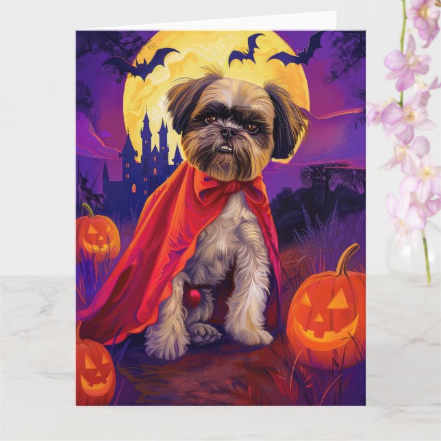 Cartão Halloween Lhasa Apso Vampiro Pumpkins assustado (Orquídea)