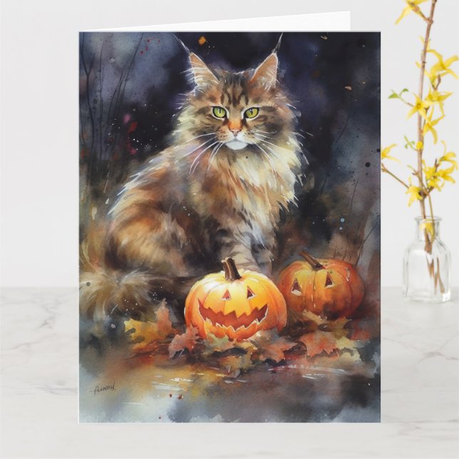 Cartão Halloween Maine Coon Cat Com Pumpkins Assustado (Flor Amarela)