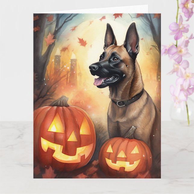 Cartão Halloween Malinois Belga Com Abóboras Assustador (Orquídea)