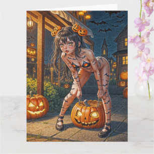 Cartão Halloween Monster Jack-o-Lanterna e Bat Vixen Girl