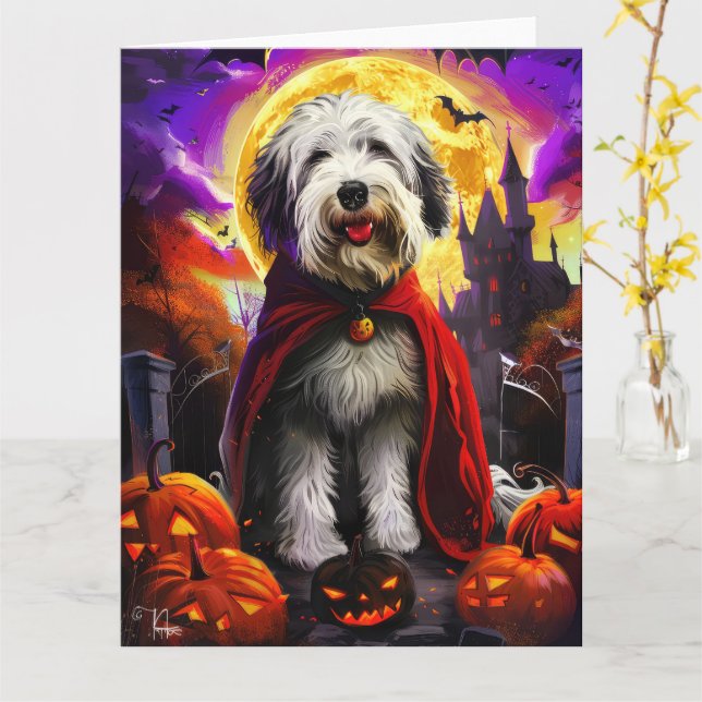 Cartão Halloween Old English Sheepdog Vampire Pumpkins (Flor Amarela)