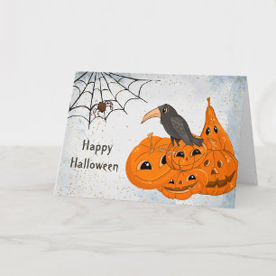 Cartão Halloween Orange Pumpkins Crow Spider Web
