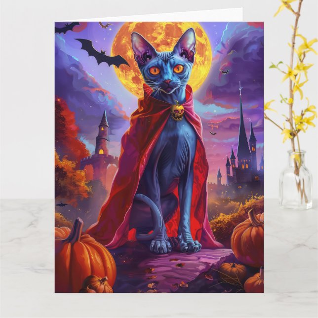 Cartão Halloween Oriental Blue Cat Vampiro Pumpkins assus (Flor Amarela)