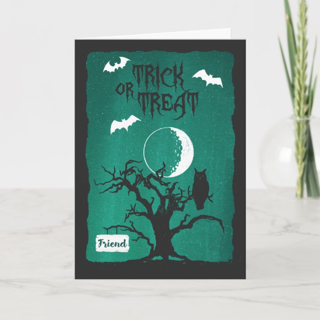 Cartão Halloween para Amigo, Coruja Árvore Torta Lua & Mo (Frente)