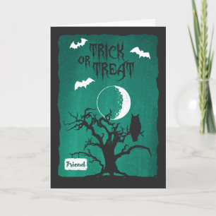Cartão Halloween para Amigo, Coruja, Lua e Morcegos