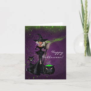 Cartão Halloween Party Glam Witch in Black Green Purple