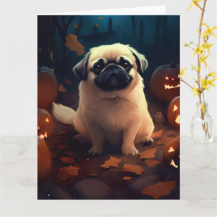 Cartão Halloween Pekingese Com Pumpkins Assustado