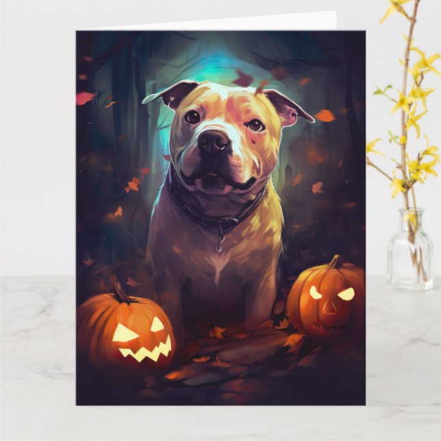 Cartão Halloween Pitbull Com Pumpkins Assustado (Flor Amarela)