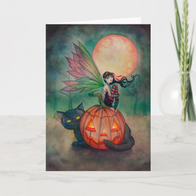 Cartão Halloween Pixie Fairy e Black Cat Fantasy Art (Frente)