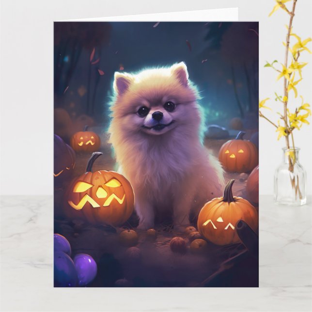 Cartão Halloween Pomeranian Com Pumpkins Assustado (Flor Amarela)