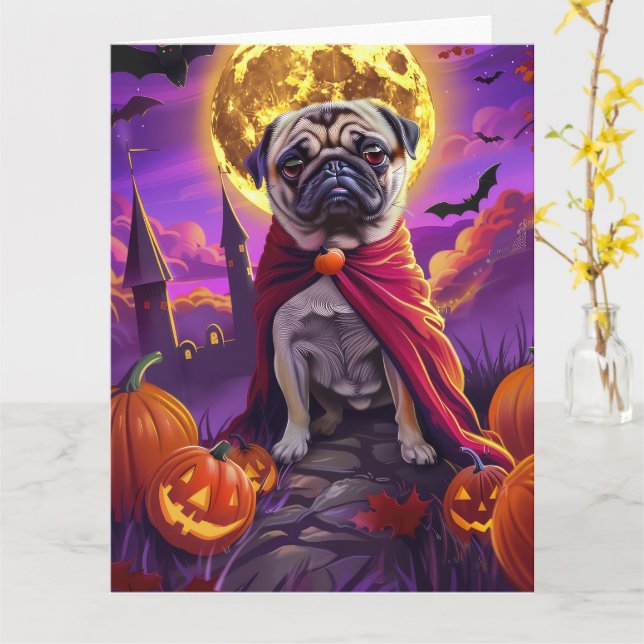 Cartão Halloween Pug Vampiro Abóboras Assustador  (Flor Amarela)
