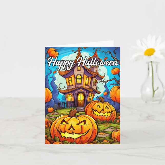 Cartão Halloween Pumpkin & Haunted House (Planta pequena)