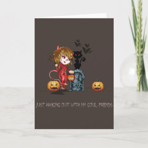 Cartão Halloween red devil girl with cat in cemetery