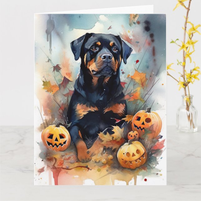 Cartão Halloween Rottweiler Com Pumpkins Assustado (Flor Amarela)