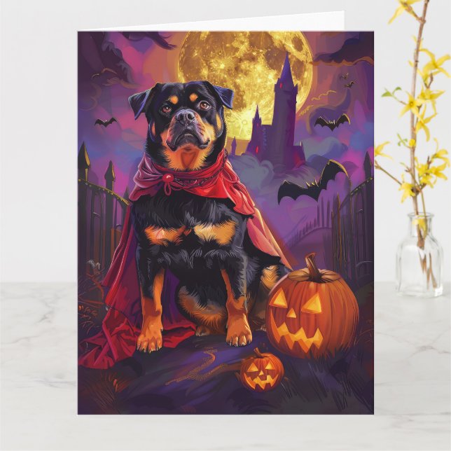 Cartão Halloween Rottweiler Vampiro Pumpkins assustado (Flor Amarela)