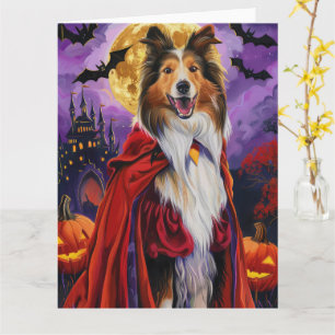 Cartão Halloween Rough Collie Vampire Pumpkins assustado