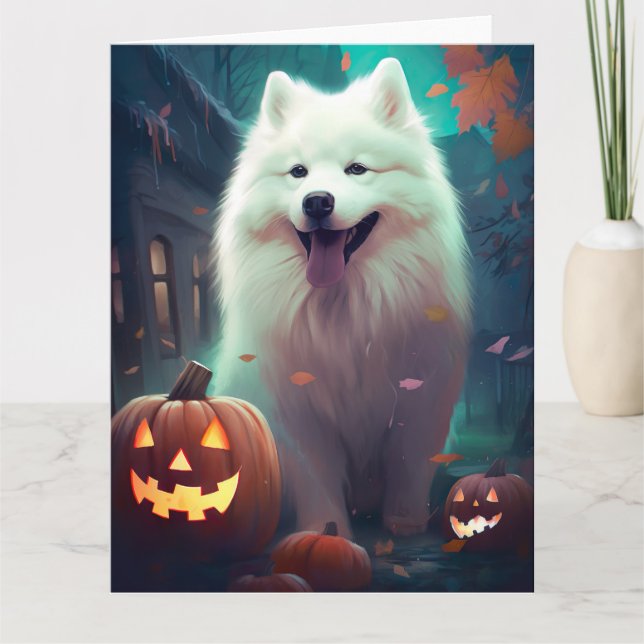 Cartão Halloween Samoyed Com Pumpkins Assustado (Frente)