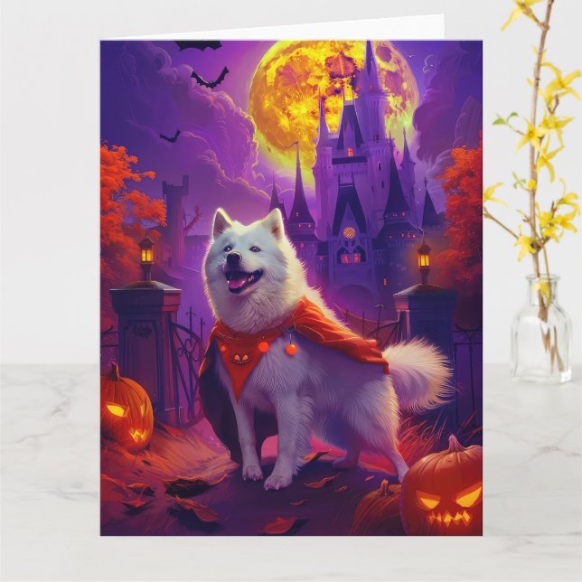 Cartão Halloween Samoyed Vampire Pumpkins assustado (Flor Amarela)