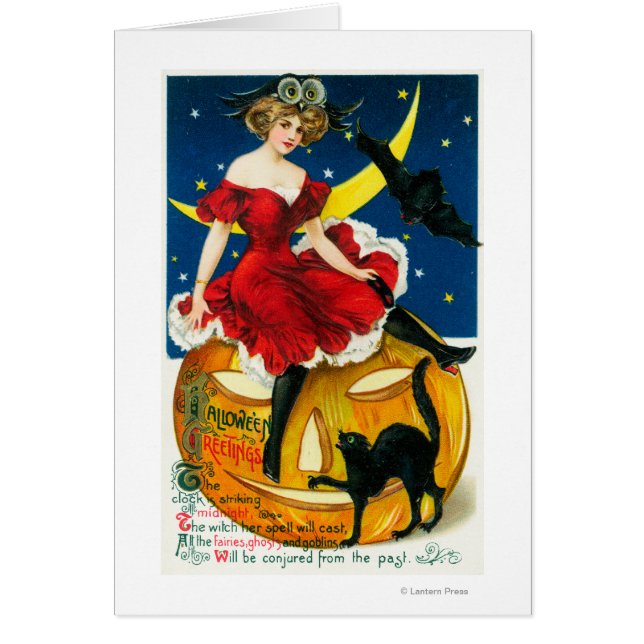 Cartão Halloween saúda mulher no Jack-o-Lantern (Frente)