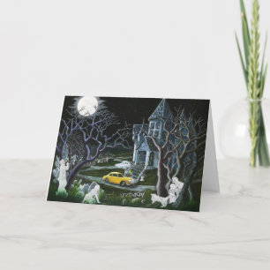 Cartão Halloween, saudação, cartão, fantasmas, anjos, enq