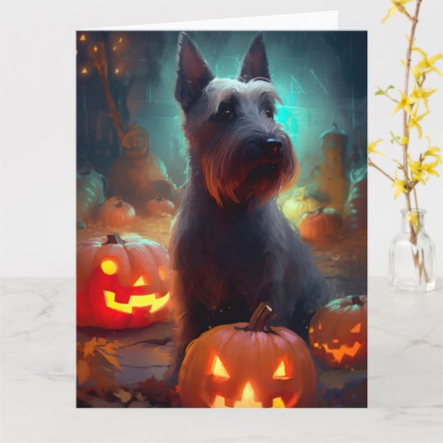 Cartão Halloween Scottish Terrier with Pumpkins Scary (Flor Amarela)