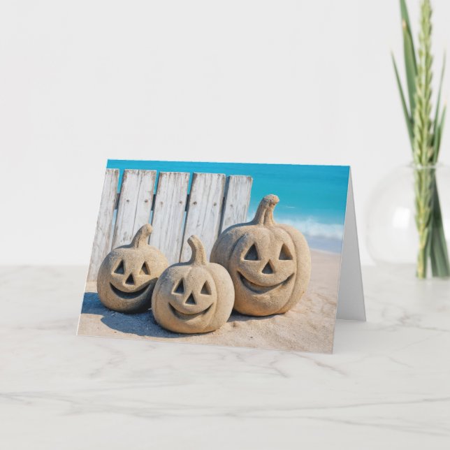 Cartão Halloween Seashore Sand Jack o' Lanterns  (Frente)