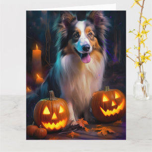 Cartão Halloween Shetland Sheepdog Com Pumpkins Assustado