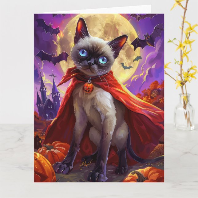Cartão Halloween Siamese Cat Vampire Pumpkins assustado (Flor Amarela)
