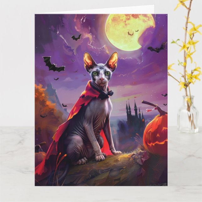 Cartão Halloween Sphynx Cat Vampire Pumpkins assustado (Flor Amarela)