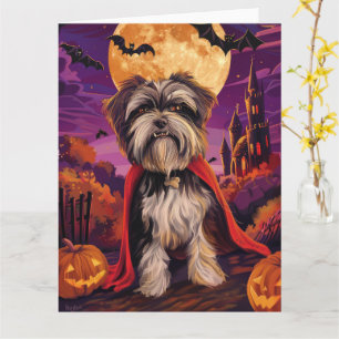 Cartão Halloween Terrier Tibetano Vampiro Abóboras Assust