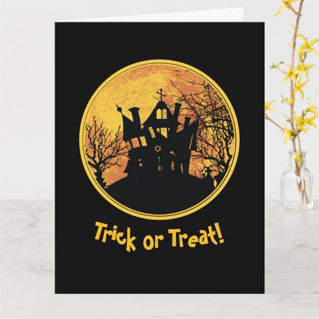 Cartão Halloween Truque Noite ou Tratar Casa da Lua Cheia (Flor Amarela)