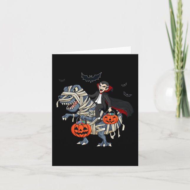 Cartão Halloween Vampire Riding T Rex Boys Garotas (Frente)