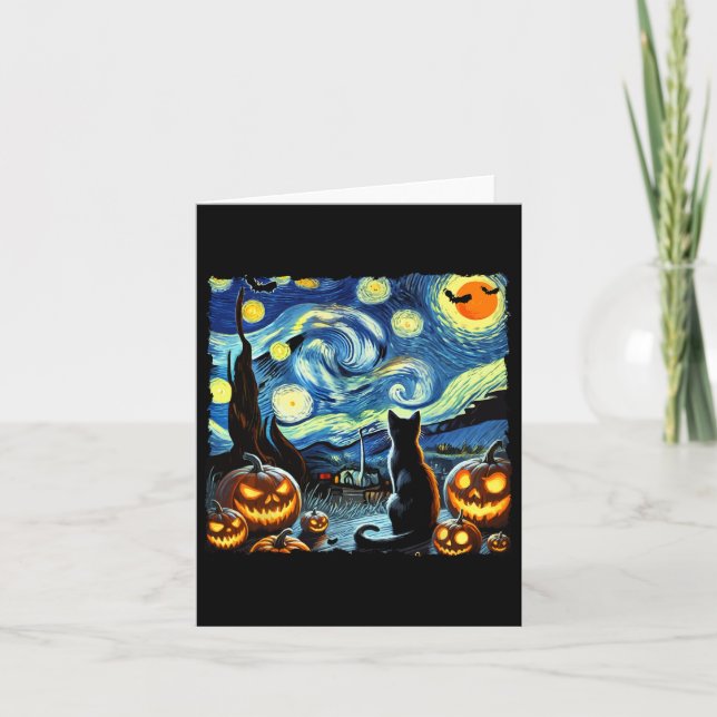 Cartão Halloween Van Gogh Starry Night Black Cat (Frente)