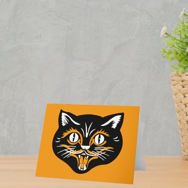 Cartão Halloween Vintage Gato Face (Vintage Halloween smiling black cat face with orange and white accents on notecards.)
