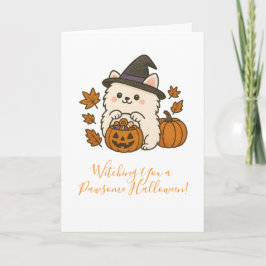 Cartão Halloween Wenskaart – Pomeranian met Heksenhoed