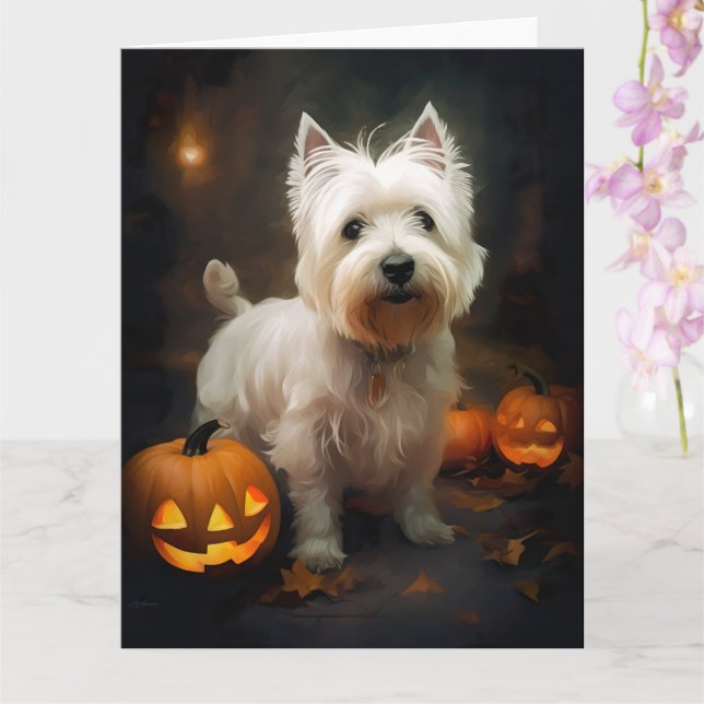 Cartão Halloween West Highland White Terrier Pumpkins (Orquídea)