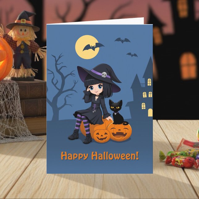 Cartão Halloween Witch, Black Cat, and Curved Pumpkins (Criador carregado)