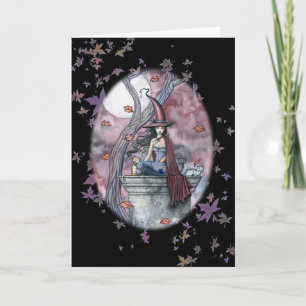 Cartão Halloween Witch Cat Card Autumn Leaves