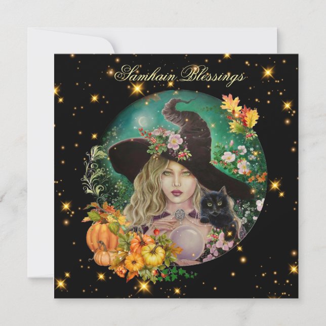 Cartão Halloween witch with black kitten greeting card  (Frente)