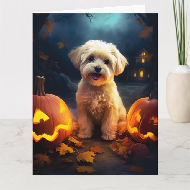 Cartão Halloween Yorkipoo com Abóboras Assustador (Frente)