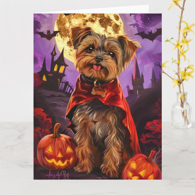 Cartão Halloween Yorkipoo Vampiro Pumpkins assustado (Flor Amarela)