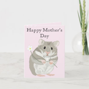 Cartão Hamster Cinzento e Branco Fofo Segurando uma Flor