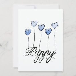 Cartão Hand-Drawn Birthday Card w D. Blue Heart Balloons