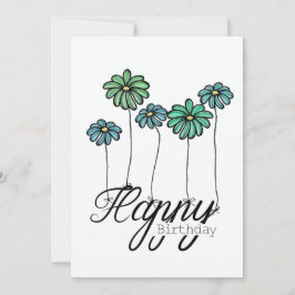 Cartão Hand-Drawn Birthday Card w Green Flower Balloons